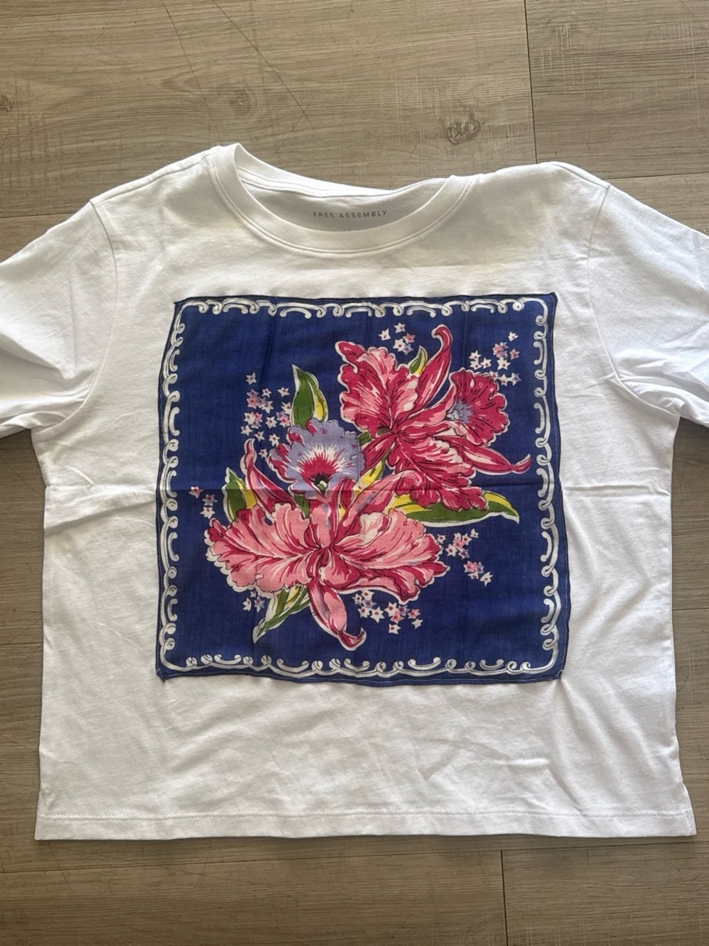 White Crop Top with Pink Floral Blue Panel